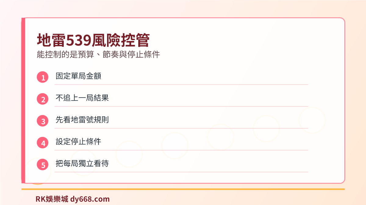 踩地雷539風險控管檢查表，整理固定金額、地雷號規則與停止條件