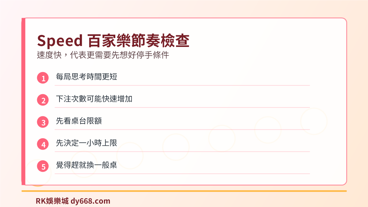 Speed 百家樂節奏檢查表，提醒速度快時更要控制下注次數與時間