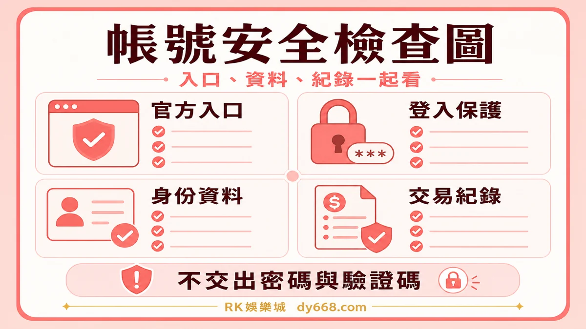 RK娛樂城帳號安全檢查圖，整理官方入口、登入保護、身份資料與交易紀錄