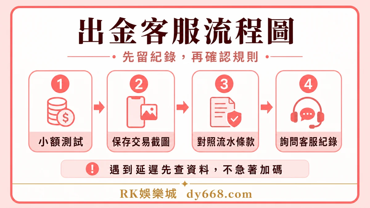 RK娛樂城出金客服流程圖，整理小額測試、交易截圖、流水條款與客服紀錄