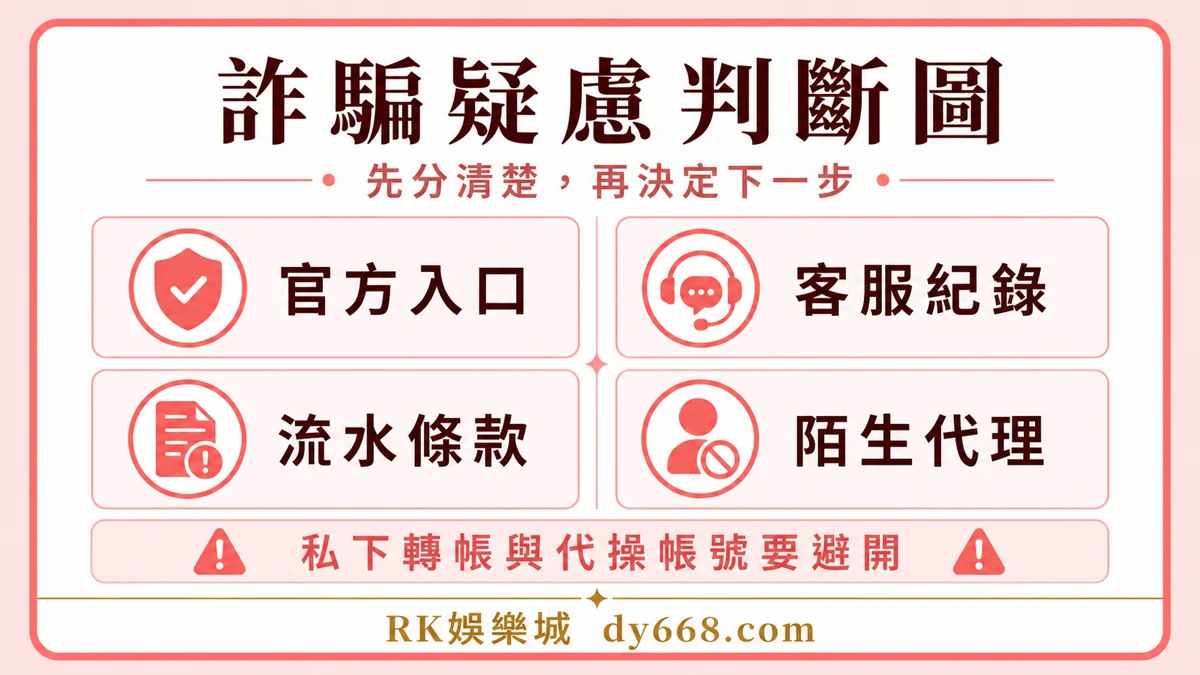 RK娛樂城詐騙疑慮判斷圖，整理官方入口、客服紀錄、流水條款與陌生代理檢查重點