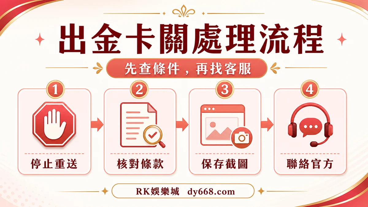 RK娛樂城出金卡關處理流程圖，整理停止重送、核對條款、保存截圖與聯絡官方